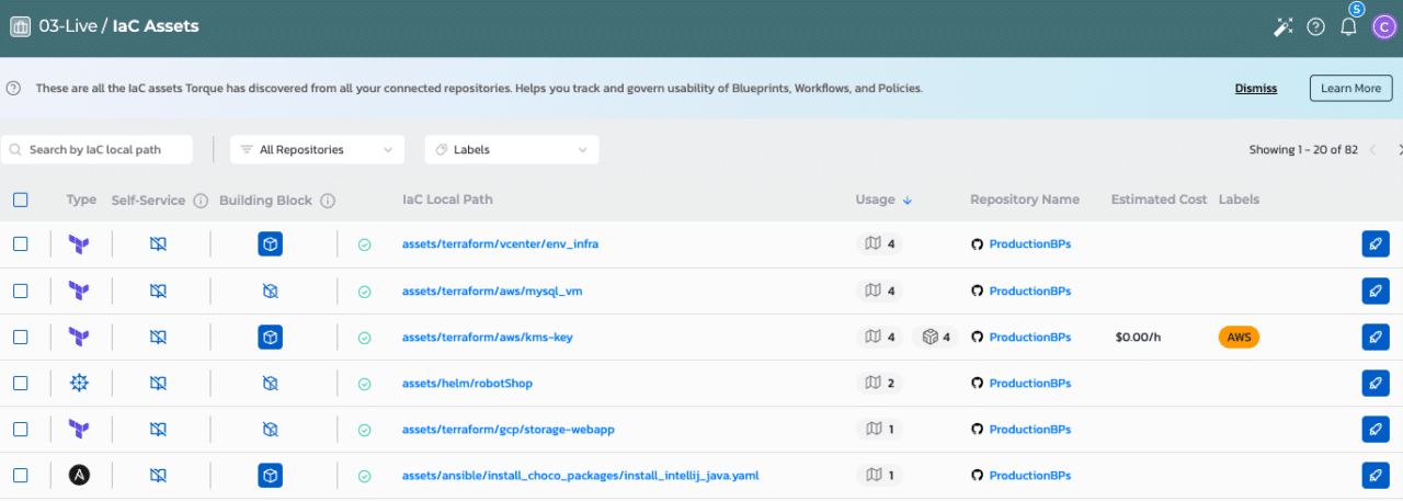 Screenshot showing how Quali Torque makes Infrastructure as Code easier to find and provision on demand.